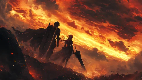 Two swordbearers walk into a burning sky of quiet resolve.