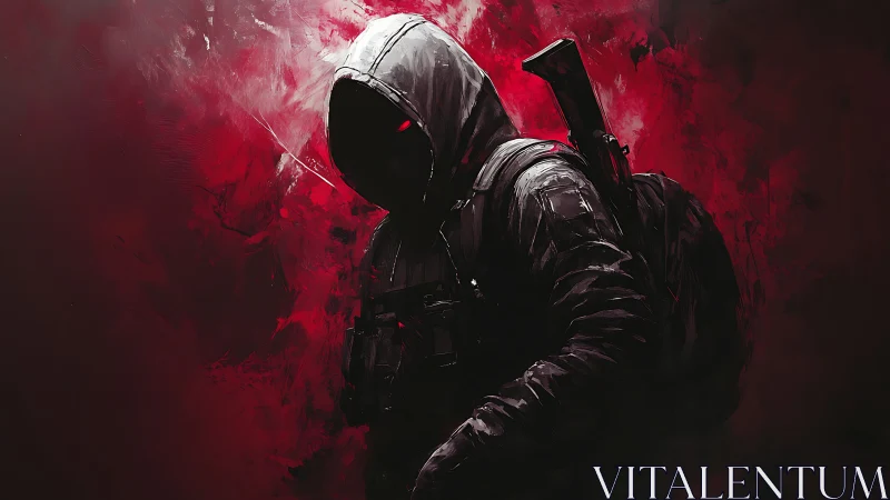 Hooded tactical figure with rifle silhouette amid abstract red field