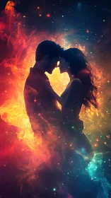 Two silhouettes kiss within swirling fire and cosmic particles.