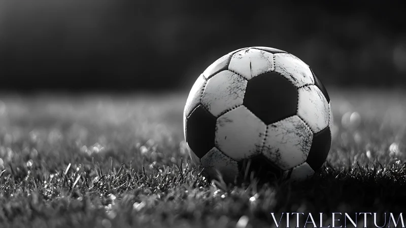 Sunlit lone soccer ball waiting on a quiet grassy pitch.