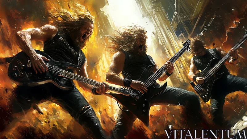 Explosive metal guitarists shredding on fiery stage painting.