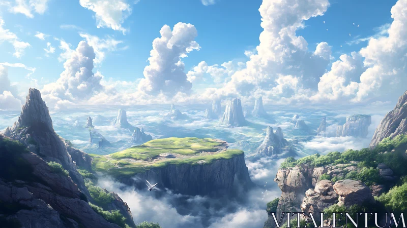 High-altitude floating plateau with distant mesas in clouds