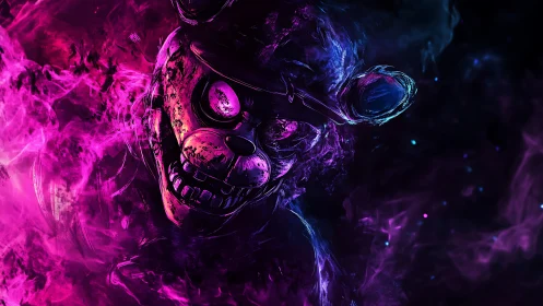 Sinister neon animatronic bear in swirling toxic haze.