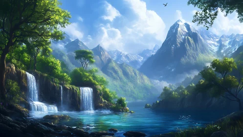 Mountain lake with waterfalls and lush green forest landscape.