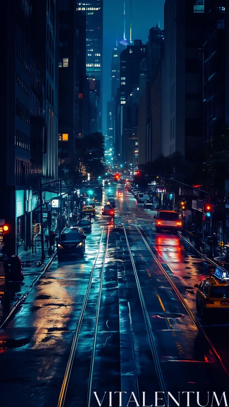 Rain-slicked neon avenue channels deep urban nocturne perspective