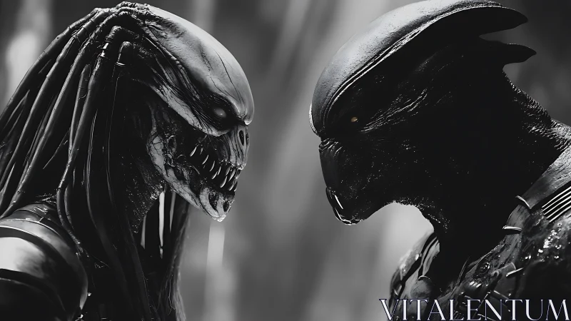 Opposing alien warriors in tense monochrome cinematic standoff.