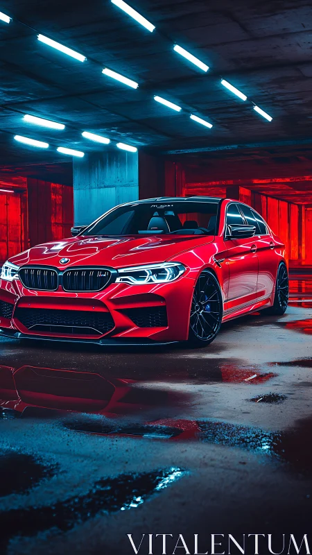 Red BMW sports sedan parked in neon lit underground garage