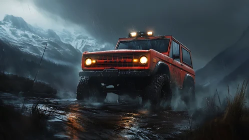 Red off-road SUV powers through stormy alpine mud trail.