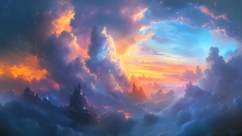 Celestial cloudscape unveils glowing mountains at sunrise.