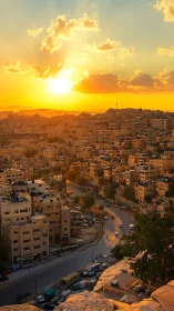 Golden hour urban hillside panorama with dense midrise blocks