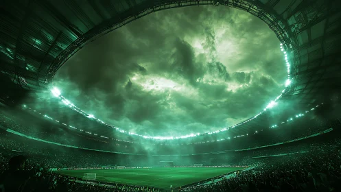 Stormlit football stadium glows under dramatic green sky