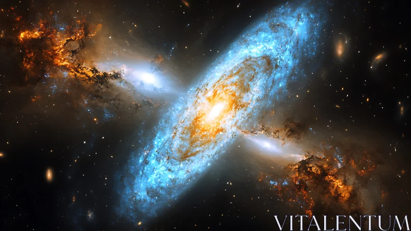 Spiral galaxies collide in vivid blue and orange light.