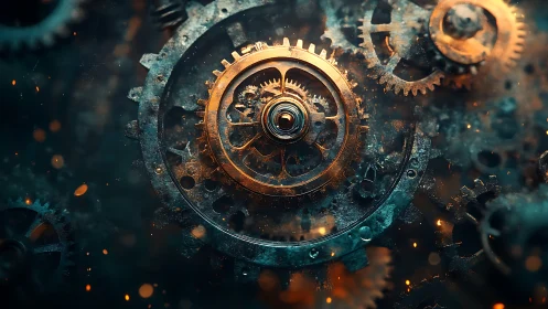 Glowing brass clockwork gears rotate in steampunk motion.