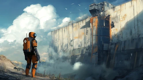 Lone orange astronaut studies a colossal rusted world-wall.