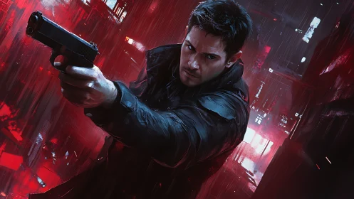 Gunmetal resolve slices through neon rain and shadow alleys