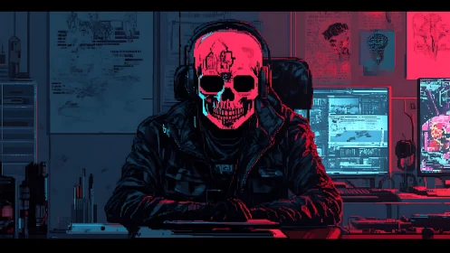 Neon-lit skull hacker calmly surveys glowing cyber screens