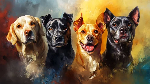 Four canine portraits against abstract color background.
