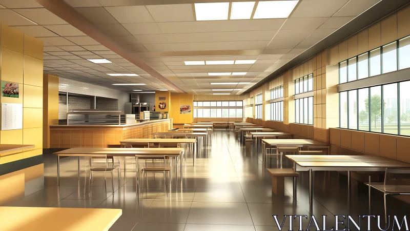 Modern institutional cafeteria interior with empty seating.