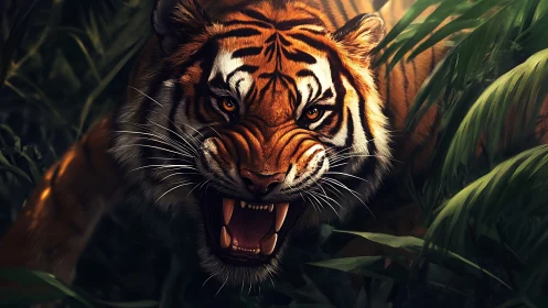 Predatory tiger emerging from dense jungle shadows roaring fiercely.