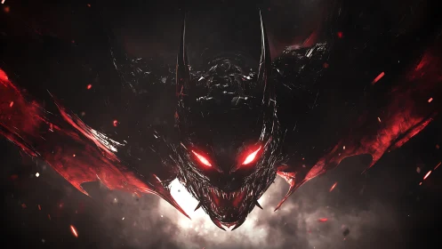 Fierce dark dragon with blazing red eyes in stormy glow.