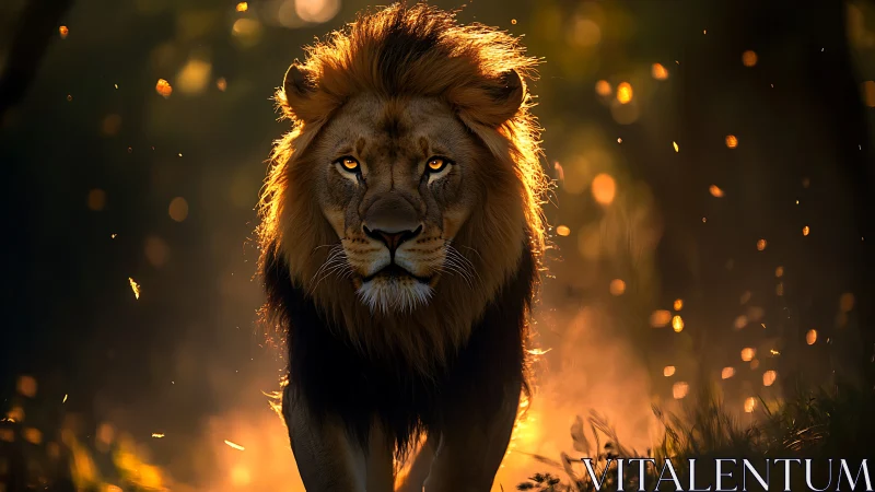 Photorealistic lion portrait in cinematic backlit stride.