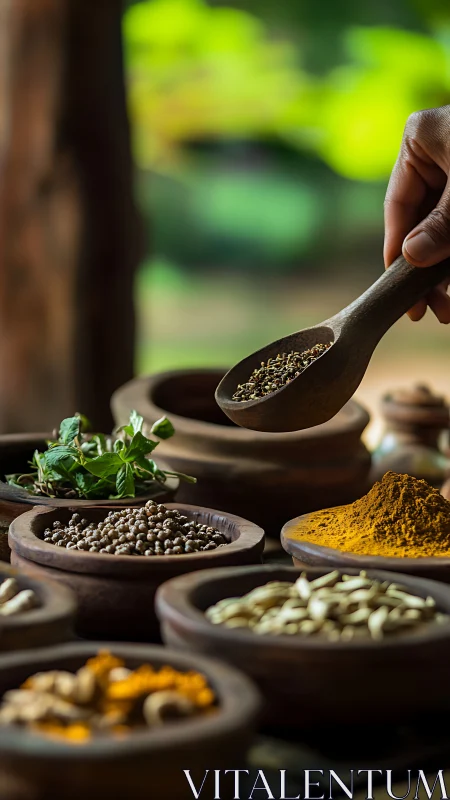 Hand selecting mixed peppercorns over rustic spice array.