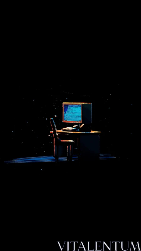 Lonely retro workstation glows in minimal neon-lit void