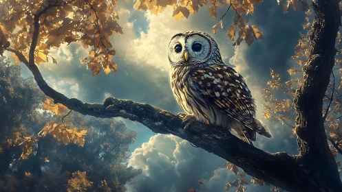 Majestic owl on autumn tree branch in dreamy, surrealist style.