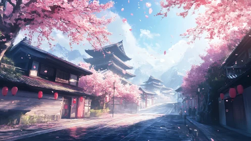 Cherry blossom street leading to traditional pagodas.