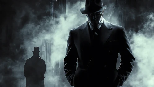Noir detective in shadowed alley confronts looming stranger.