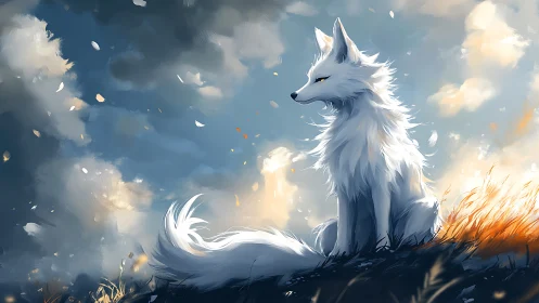 Majestic white fox in windswept golden twilight field.