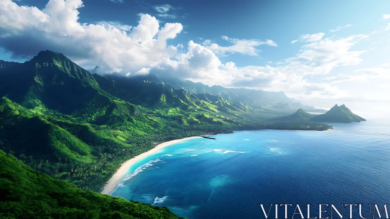 Lush green mountains meet turquoise ocean beneath sky