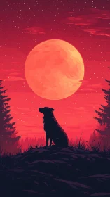 Silhouette dog under large red moon in quiet night sky.