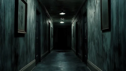 Abandoned corridor absorbs dim light and deepening shadows.