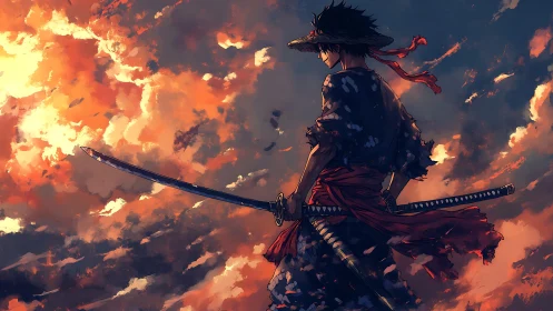 Samurai silhouette with dual katanas against turbulent sunset sky