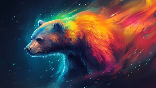 Chromatic bear portrait with neon motion trails in space.