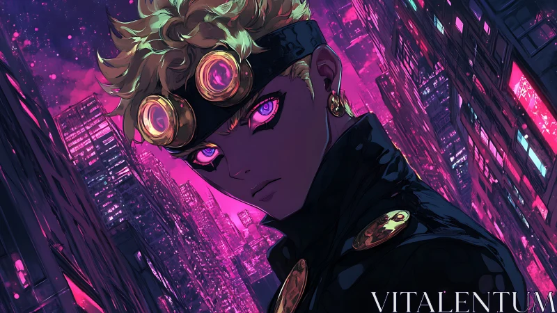 Neon city rebel with glowing violet eyes at midnight.