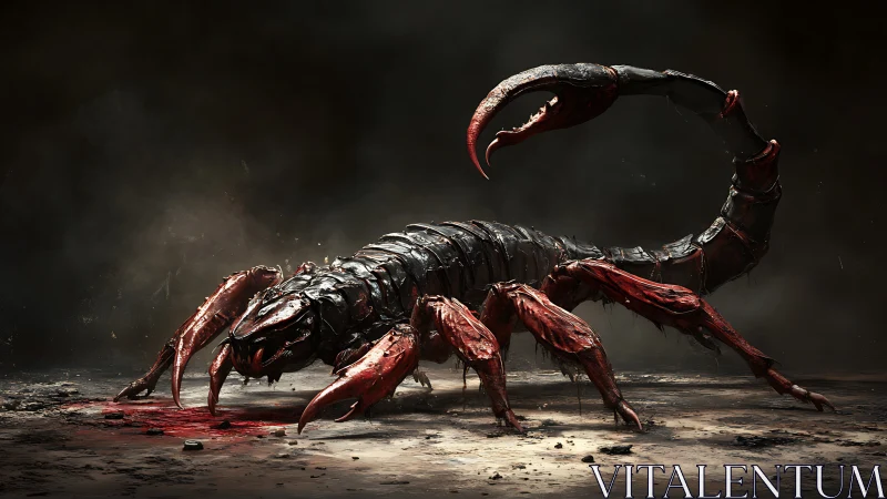 Armored bloodstained scorpion on dark desolate ground.