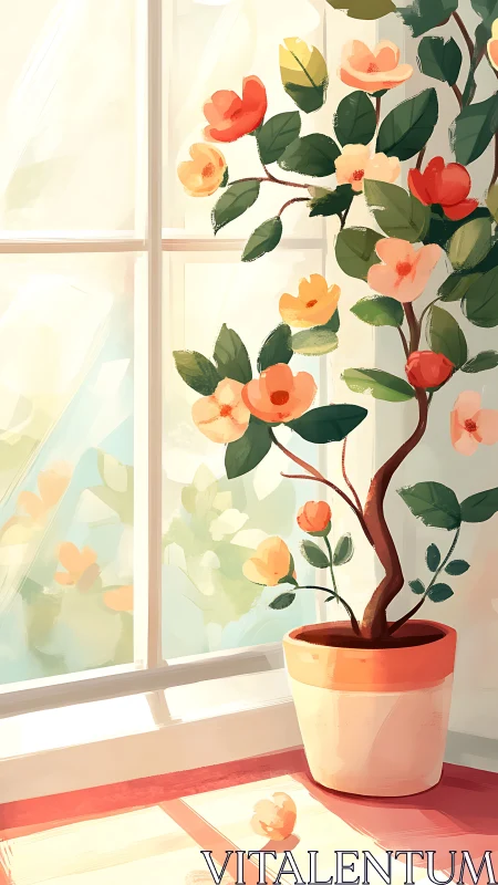 Sunlit potted flower vine curling beside bright windowpane.