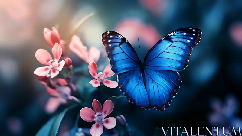 Gentle blue butterfly rests softly among glowing pink blooms