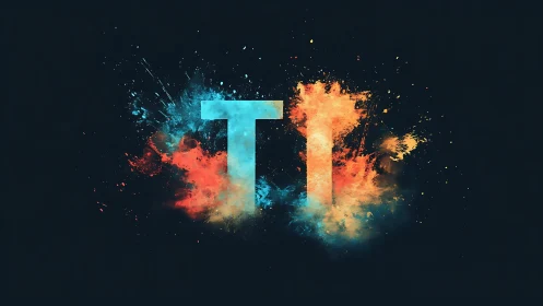Letters TI stand amid symmetric blue and orange powder bursts