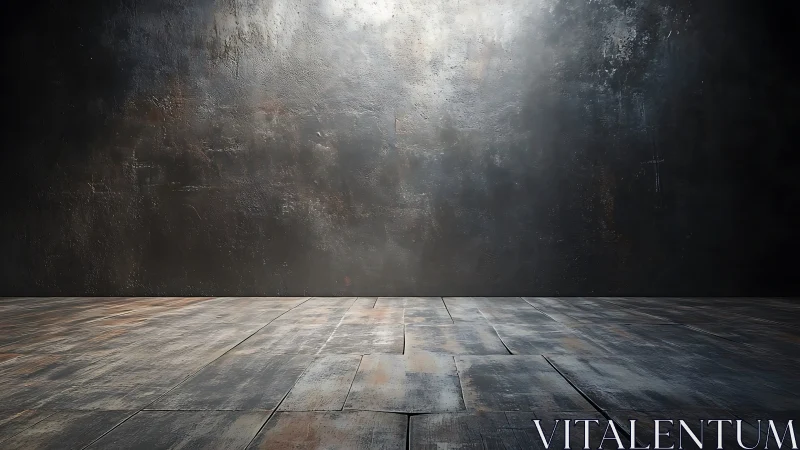 Industrial concrete backdrop with worn wooden floor perspective.