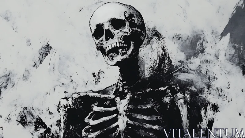 Expressionist monochrome skeleton portrait with gestural brushwork.