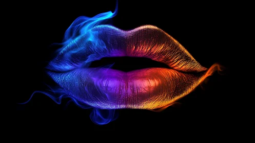 Fiery neon lips glow in bold blue, purple, and orange light