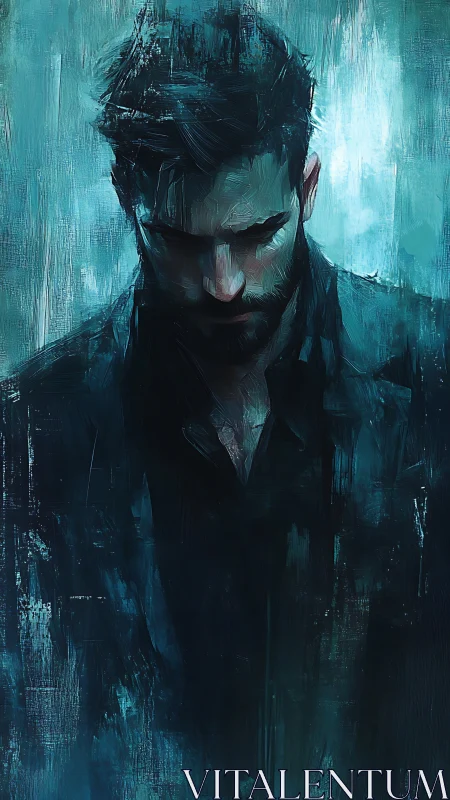 Brooding male portrait in teal impasto digital brushwork.