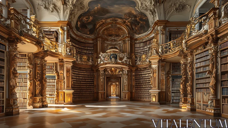 Baroque library interior shows ornate shelves and painted ceiling