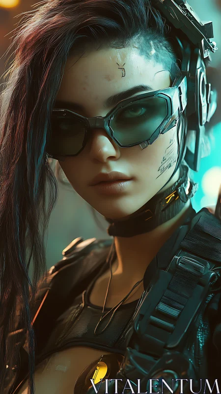 Cyberpunk sniper stares through neon haze with chrome augments.