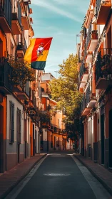 Sunlit Spanish street displays bold national flag