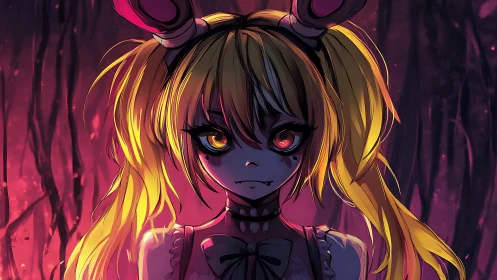 Anime girl with twin tails in dark forest scene at dusk.