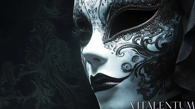 Monochrome masquerade portrait with baroque filigree surface.